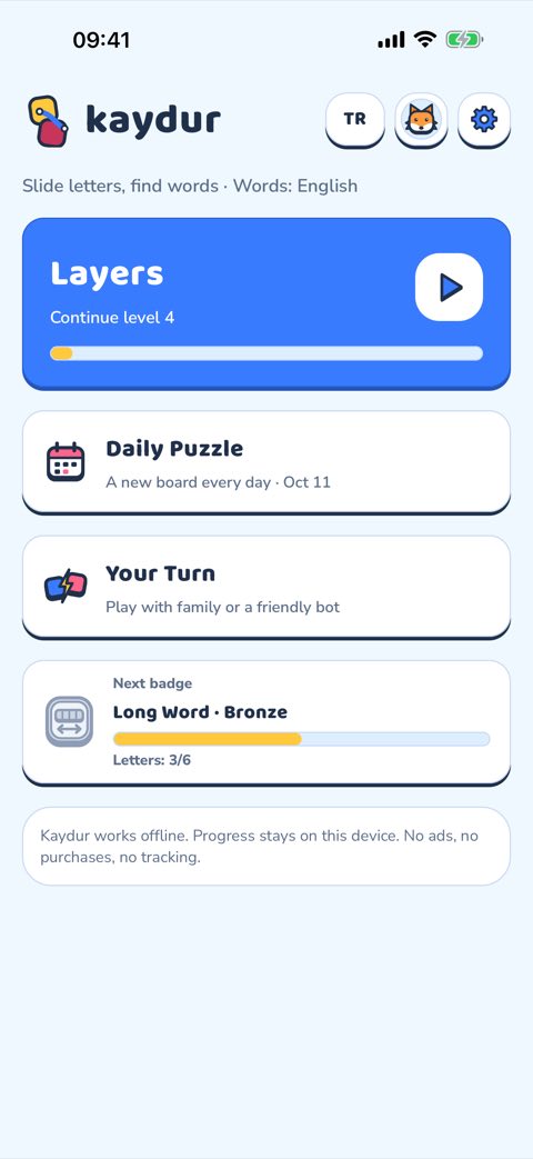 The kaydur home screen: Layers, Daily Puzzle and Your Turn cards.