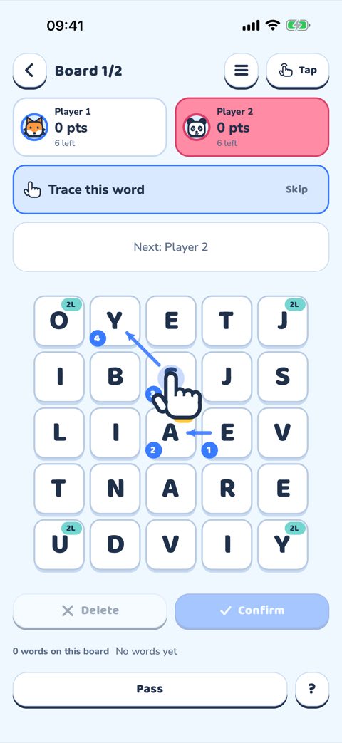 A Your Turn match: both players' scores above the letter board.