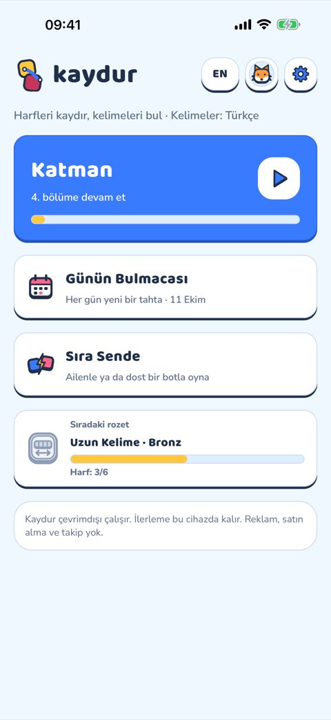 kaydur ana ekranı: Katman, Günün Bulmacası ve Sıra Sende kartları.